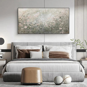 Elodie Dubois' Whispering Meadow painting, impressionistic wildflower art, framed, over a bed, serene ambiance.