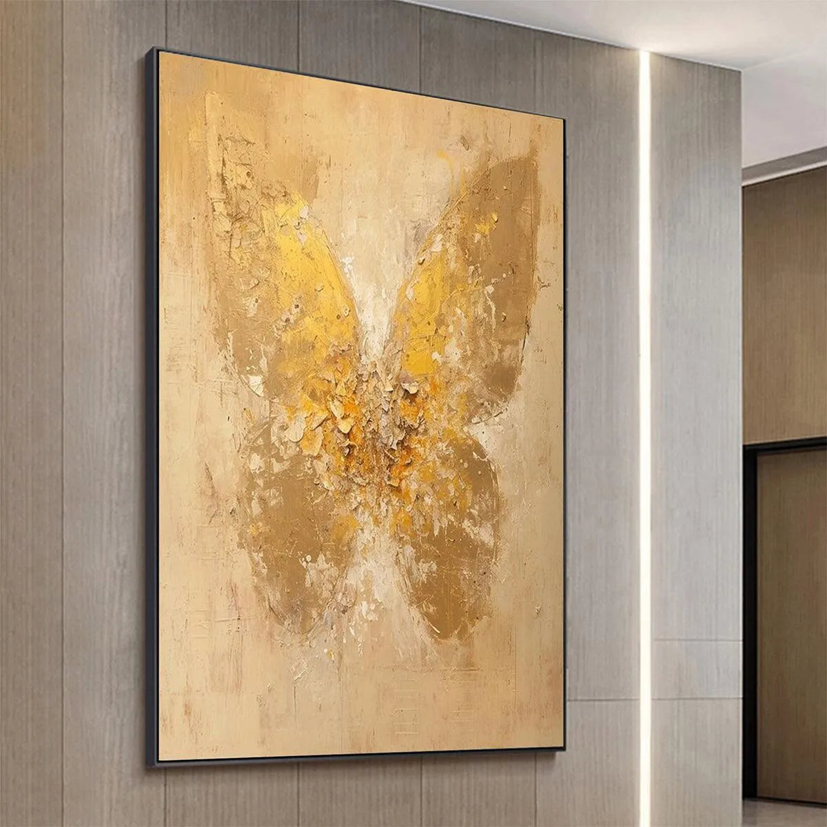 GOLDEN WINGS: Gold Butterfly Painting, Textured Wall Art, Vertical Canvas, Beige and Gold Decor