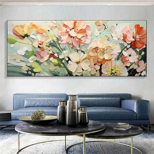 SUNKISSED GARDEN: Textured orange, white, pink impasto floral painting by Elodie Dubois displayed in a modern living room.