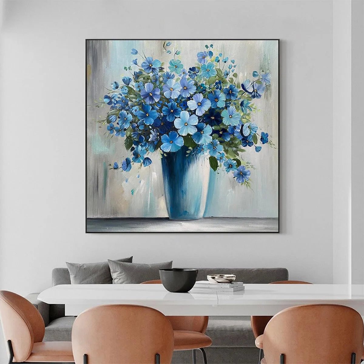 BLUE SERENITY: Blue Floral Painting, Square Canvas Art, Still Life Wall Decor, Calming Artwork