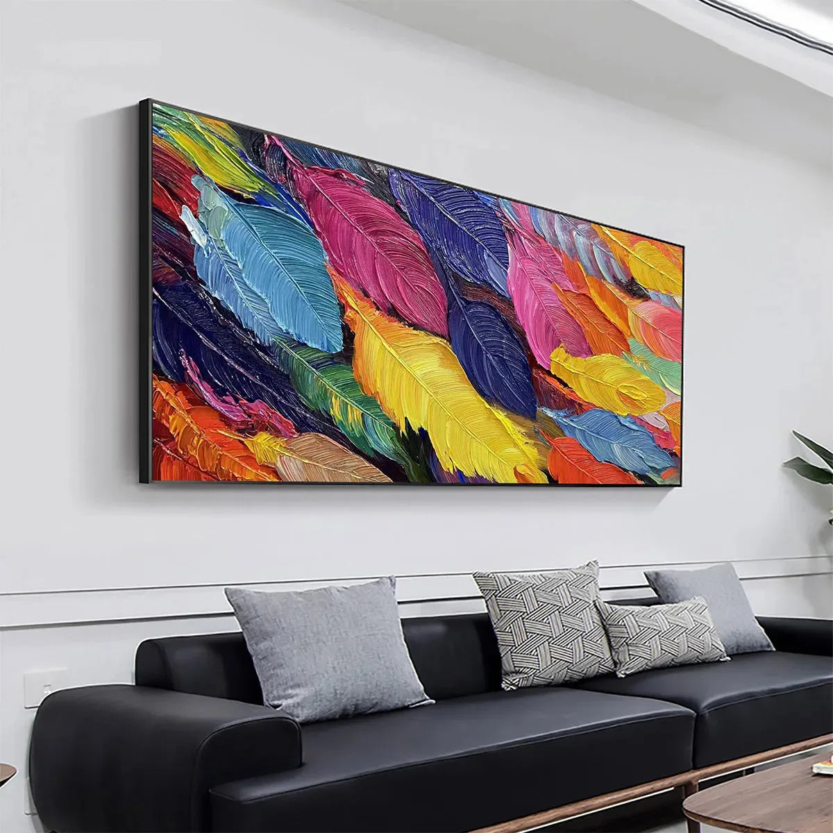 FEATHER DANCE: Horizontal Abstract Painting with Colorful Feathers, Textured Impasto, Modern Wall Art