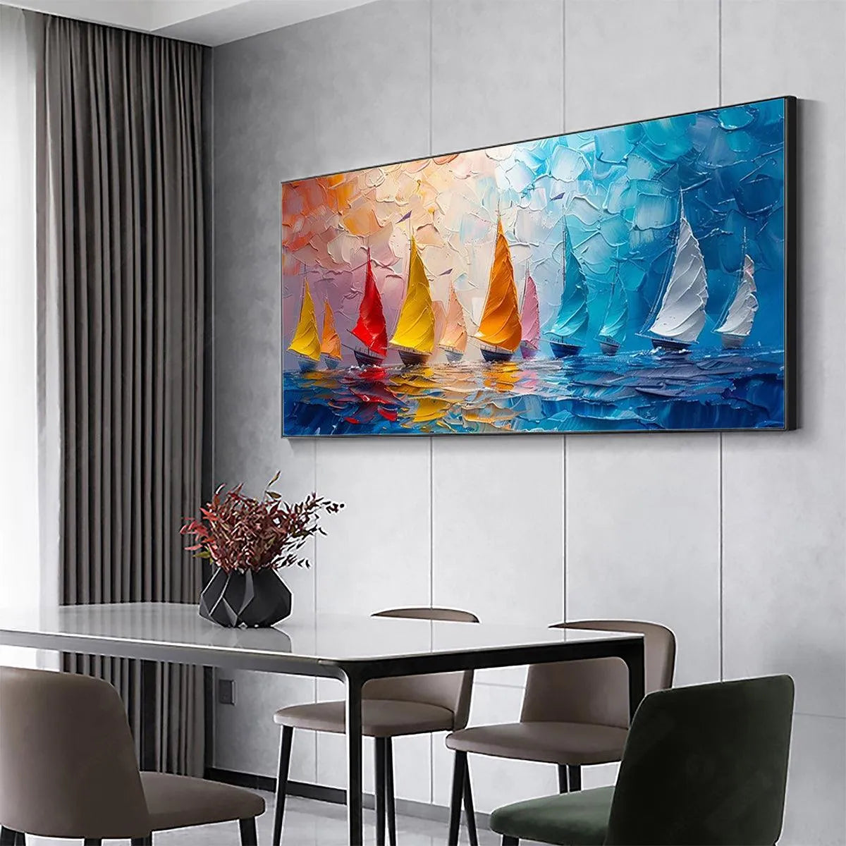 REGATTA: Textured Sailboat Painting, Impasto Wall Art, Panoramic Canvas, Coastal Decor