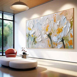 Elodie Dubois White Blossoms impasto floral painting, white and yellow flowers, original artwork