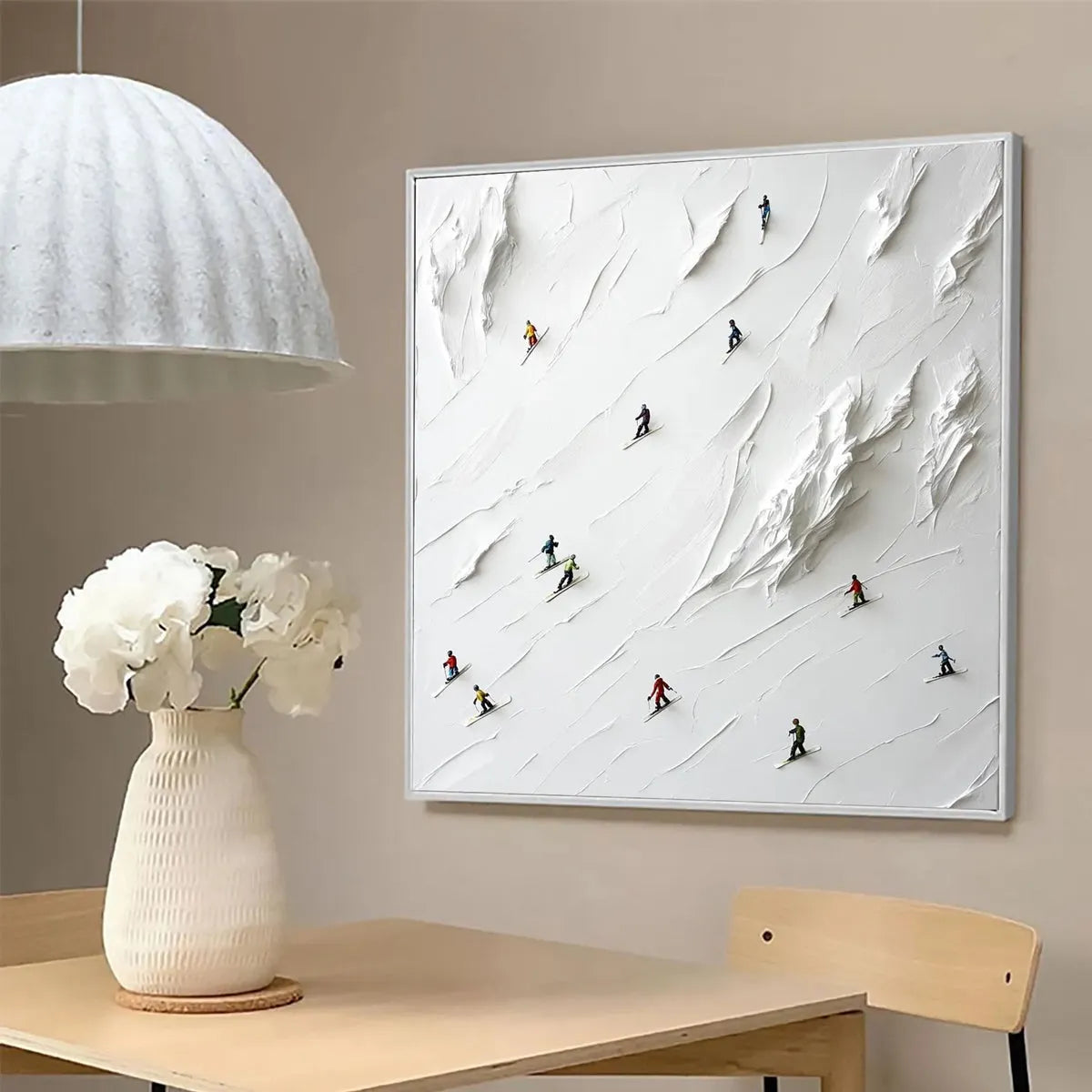 WHITE RUSH: Minimalist Skiing Painting on Textured Square Canvas