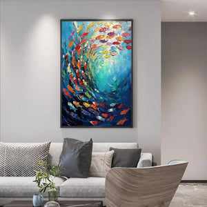 Whirlpool of Fish original oil painting - colorful swirling school of fish wall art in modern living room.