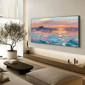 Dusk Reflections minimalist panoramic coastal sunset art in modern living room, above wood media console.