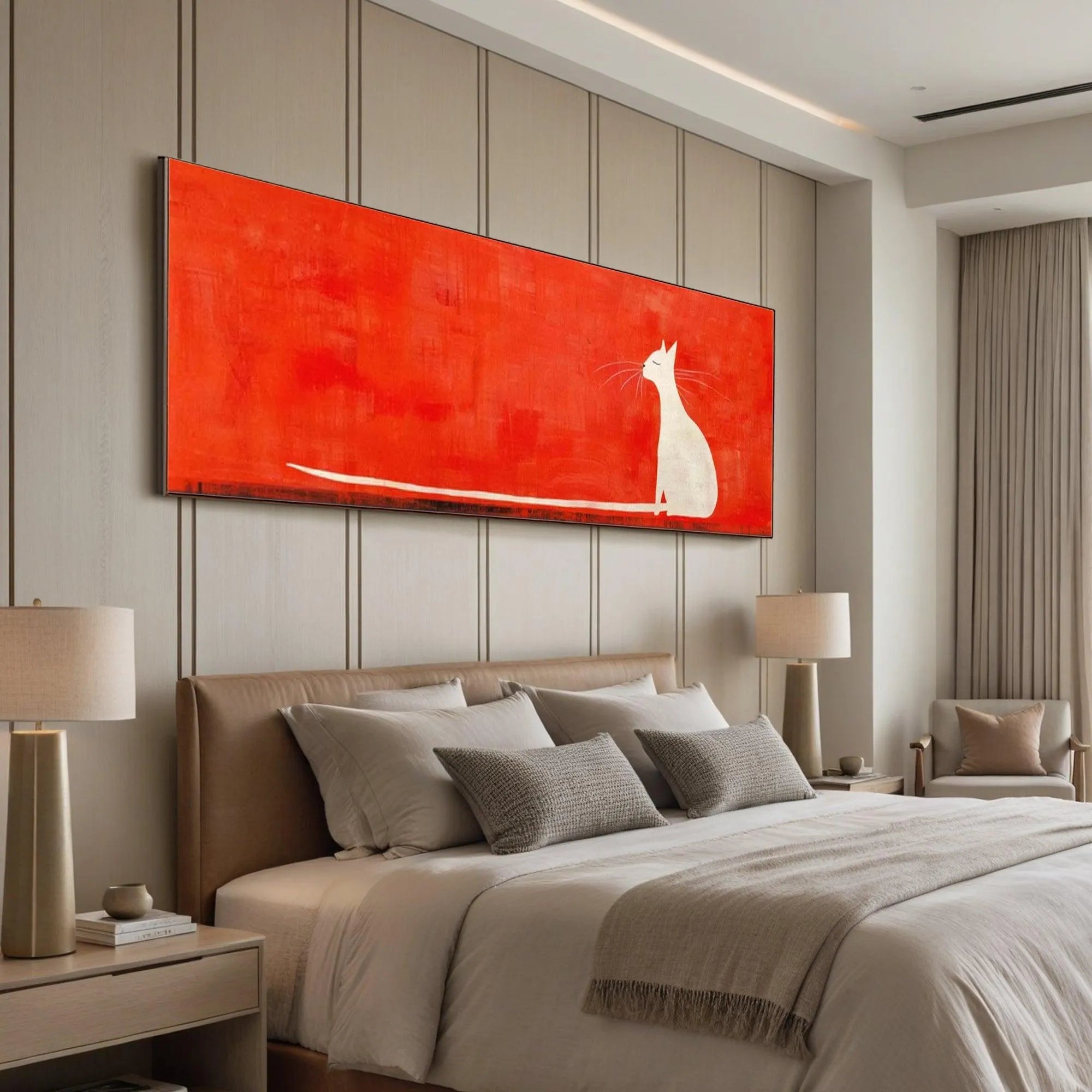 MINIMALIST CAT ON RED PANORAMIC: Cat Painting, Panoramic Wall Art, Minimalist Decor