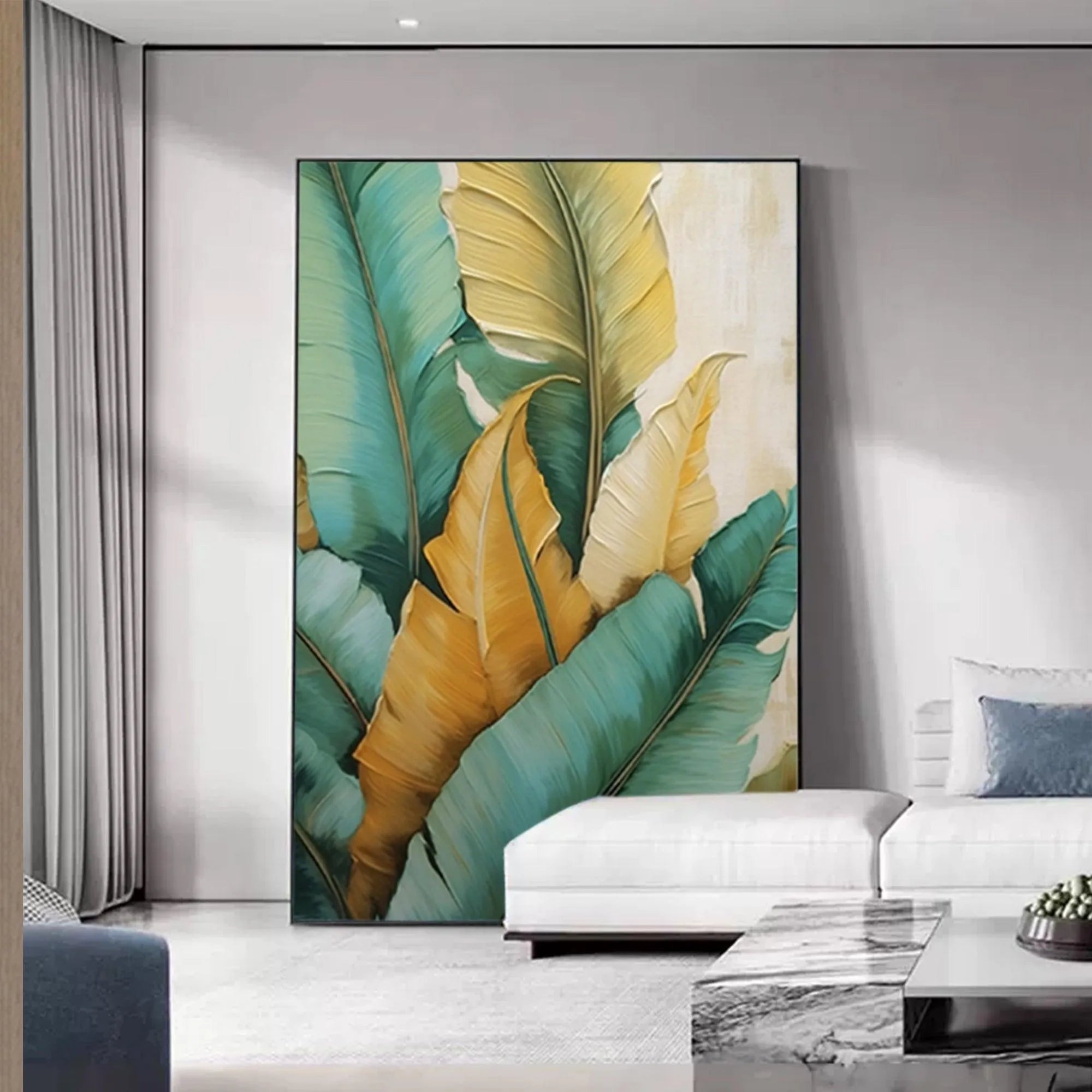 TROPICAL ABUNDANCE: Textured Tropical Leaves Painting, Green and Gold Wall Art, Vertical Canvas, Botanical Decor