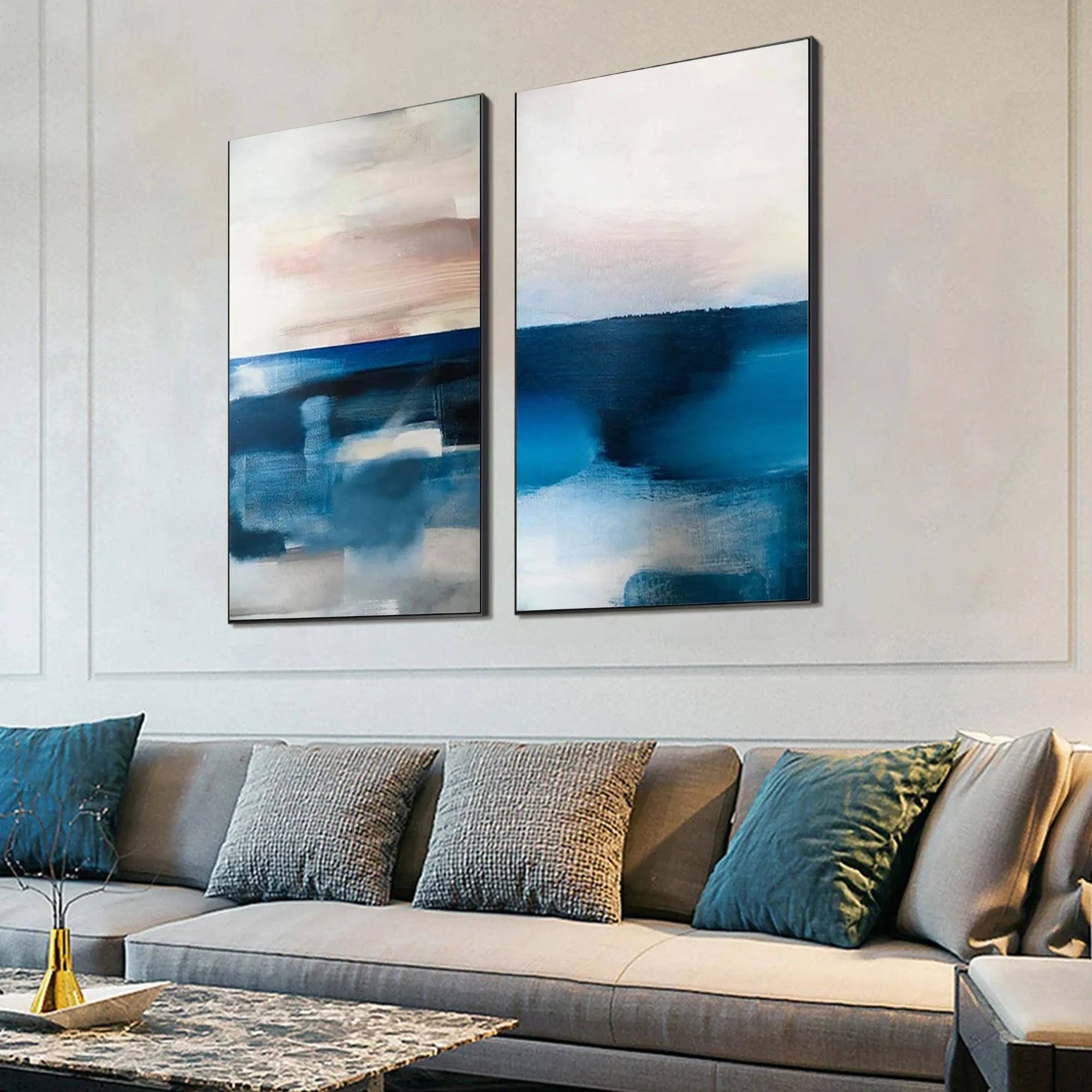 ABSTRACT OCEAN DIPTYCH: Abstract Seascape Painting Set of 2, Vertical Wall Art