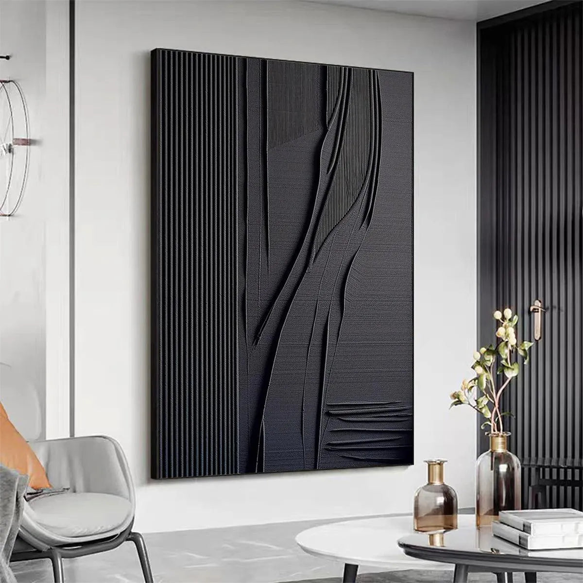 BLACK TEXTURED LINES AND CURVES: Minimalist Textured Abstract Painting