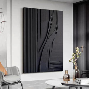 Black Textured Lines and Curves painting by Javier Ramirez, modern minimalist wall art, vertical artwork, contemporary style