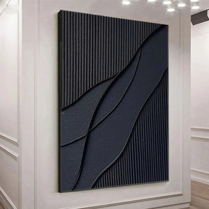 Black Textured Waves by Javier Ramirez: minimalist black abstract art with textured wave forms, modern wall decor.