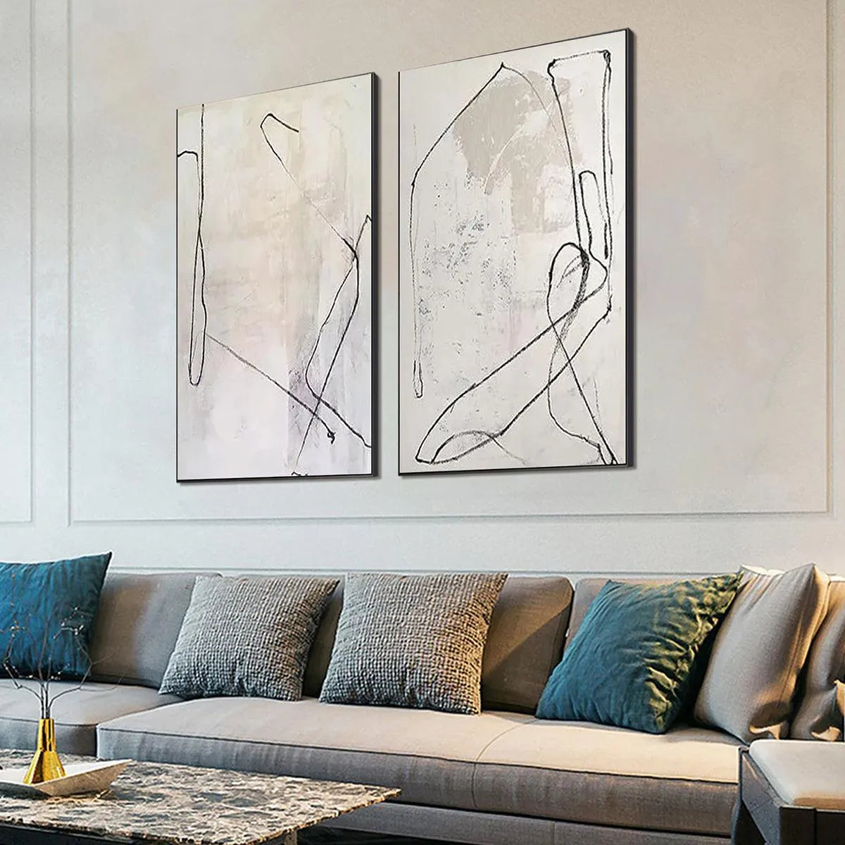 MINIMALIST ABSTRACT DIPTYCH: Beige Abstract Painting Set of 2