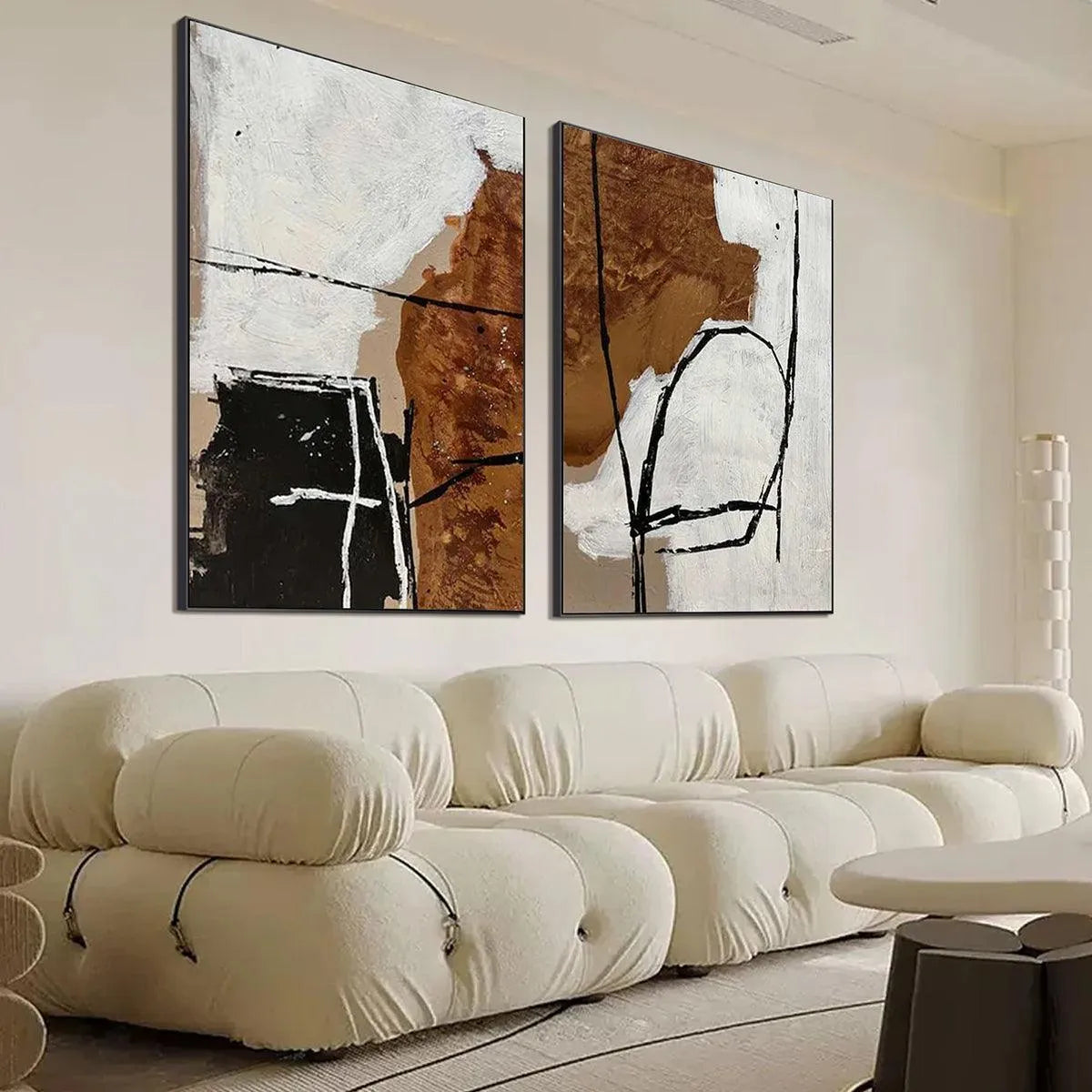 BROWN & WHITE ABSTRACT DIPTYCH: Abstract Painting Set of 2, Vertical Wall Art