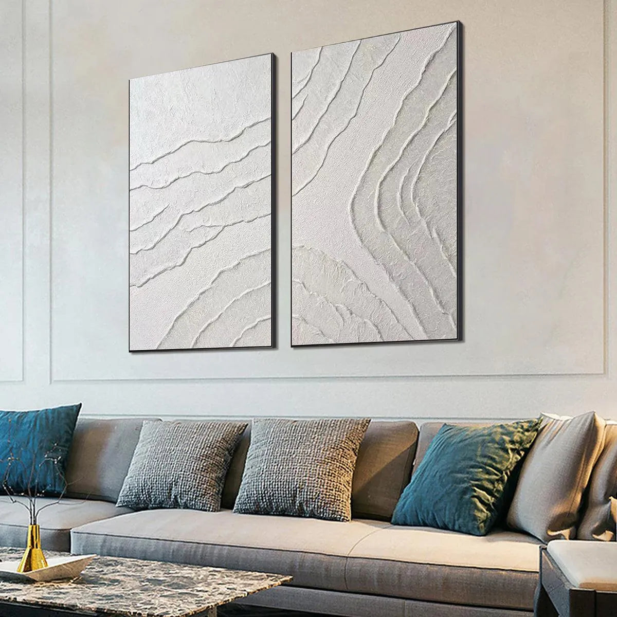 WHITE TEXTURED LINES DIPTYCH: Textured Abstract Painting Set of 2, Vertical Wall Art