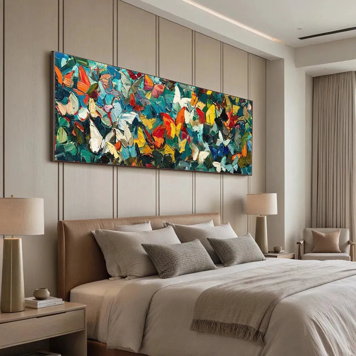 BUTTERFLY WHIRLWIND PANORAMIC: Butterfly Painting, Panoramic Wall Art, Colorful Impasto Decor