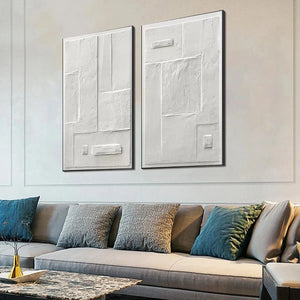 White Textured Squares Diptych by Javier Ramirez, minimalist textured painting, modern wall art set, vertical diptych art.