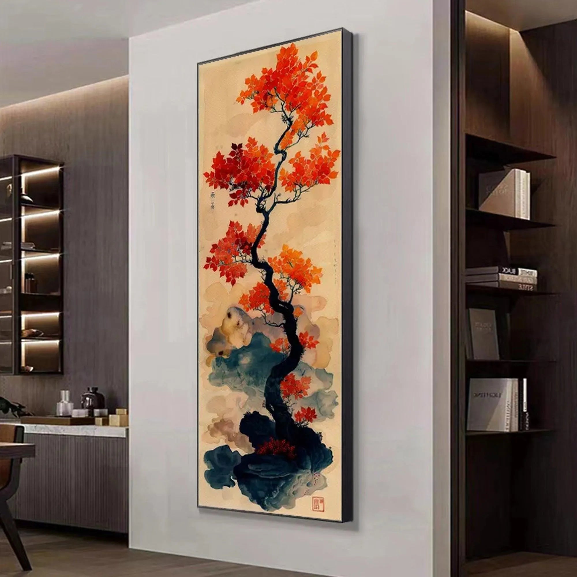 CRIMSON AUTUMN BONSAI: Tree Painting, Vertical Wall Art, Asian Decor