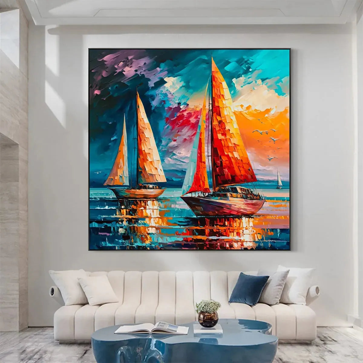 EVENING SAIL: Square Sailboat Painting, Colorful Sunset