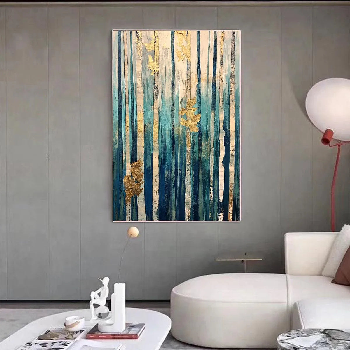 AZURE FOREST: Vertical Abstract Forest Oil Painting with Gold Leaf