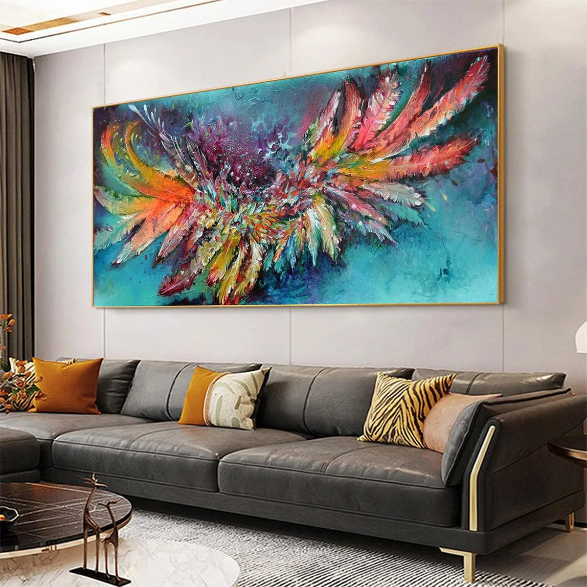 PLUMAGE FIRE: Vibrant Abstract Feather Oil Painting