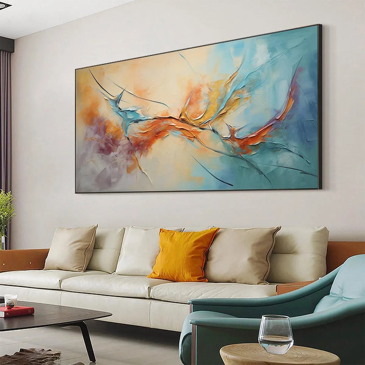 CORAL REEF: Panoramic Abstract Blue and Orange Oil Painting