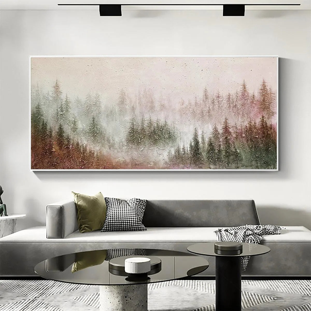 MISTY PINES: Panoramic Misty Forest Landscape Oil Painting