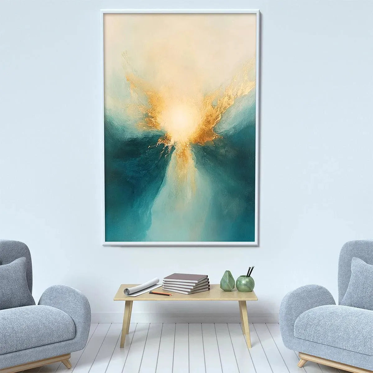 Golden Abyss: Abstract Teal and Gold Oil Painting on Canvas