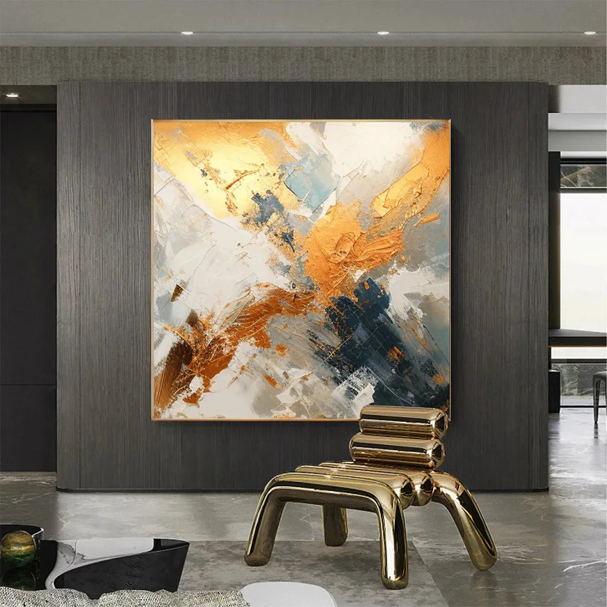 GILDED CONFLUENCE: Square Abstract Oil Painting with Gold, and Grey