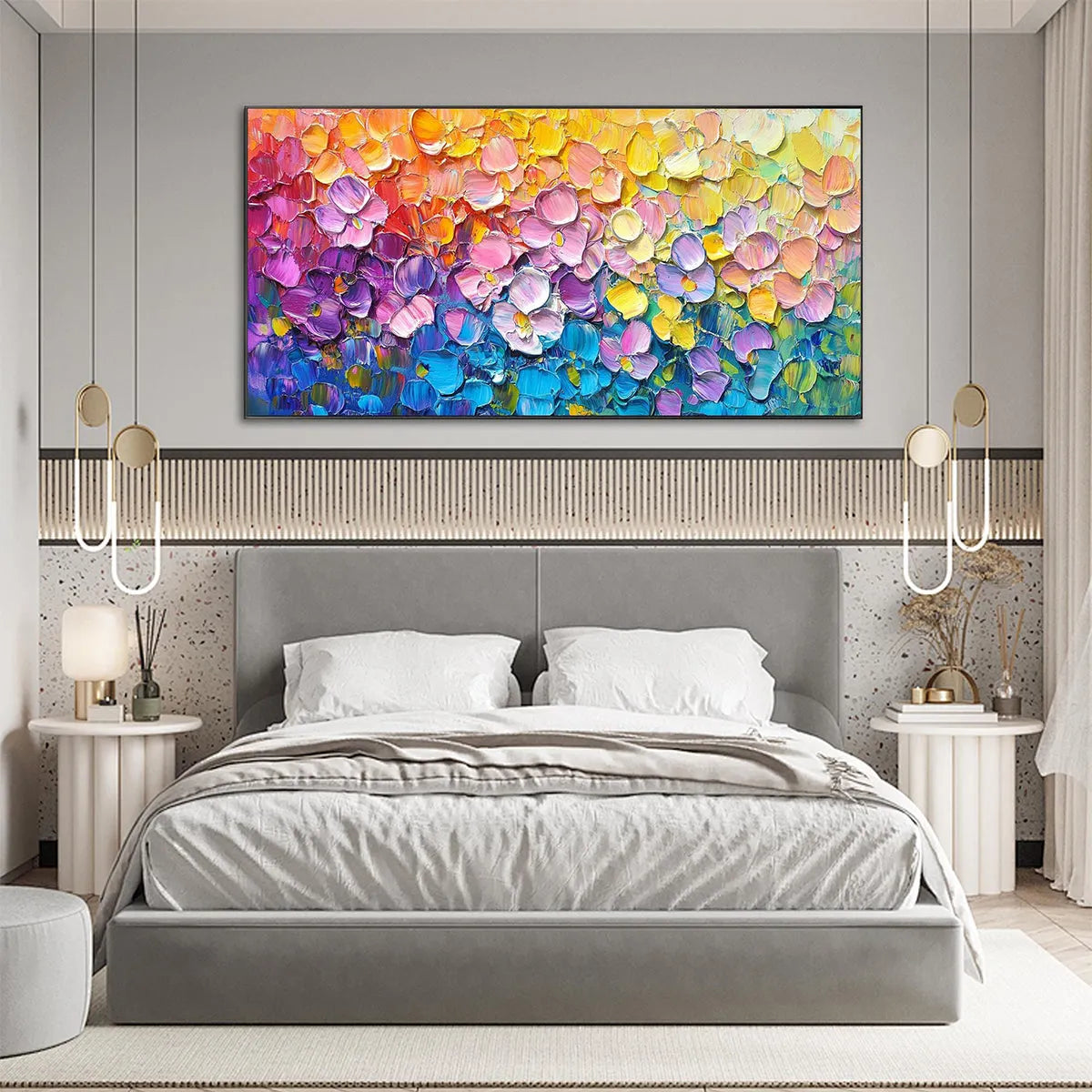 RAINBOW FALLS: Panoramic Impasto Floral Oil Painting in Vibrant Rainbow Hues