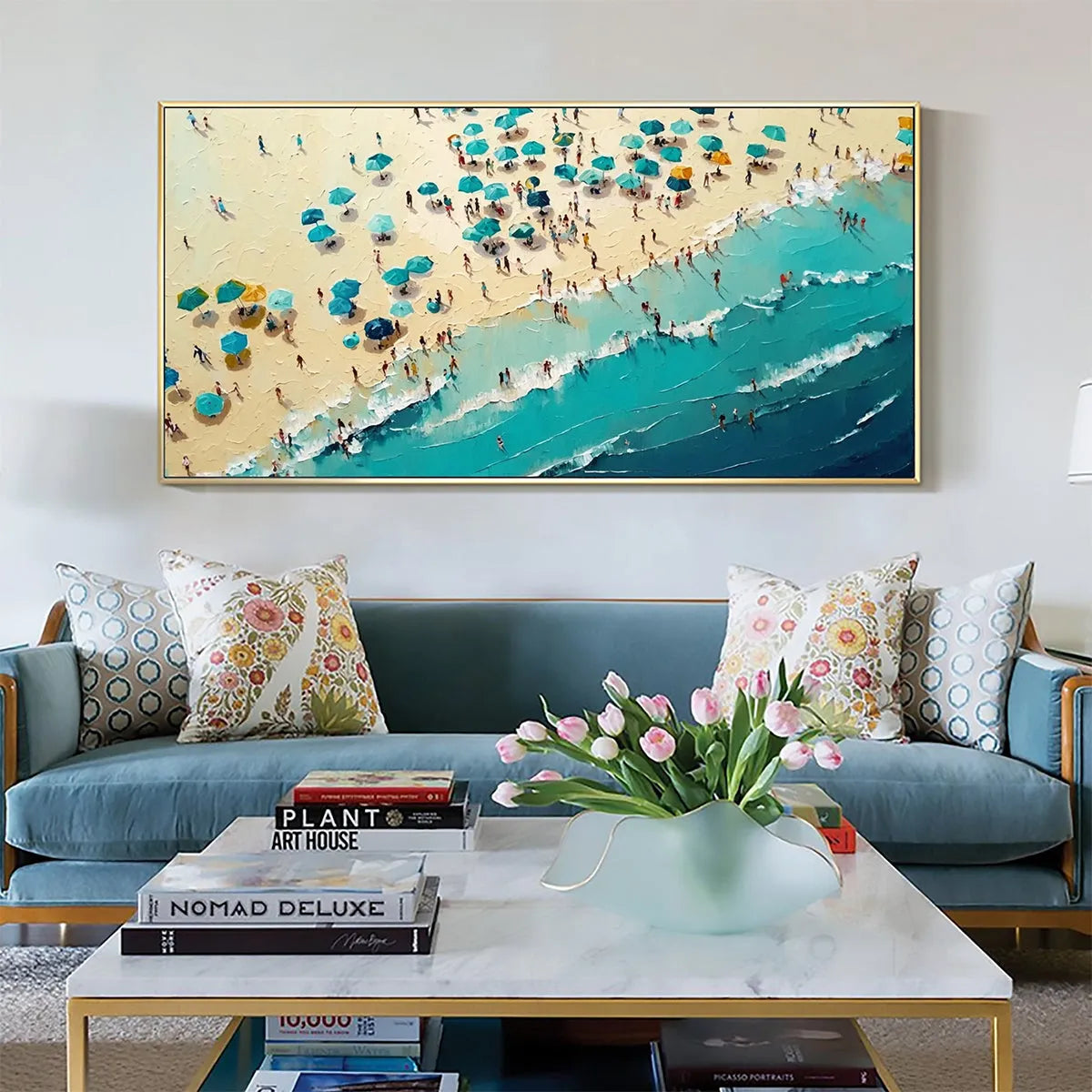 Summer Afternoon: Beach Scene Oil Painting with Beach Umbrellas on