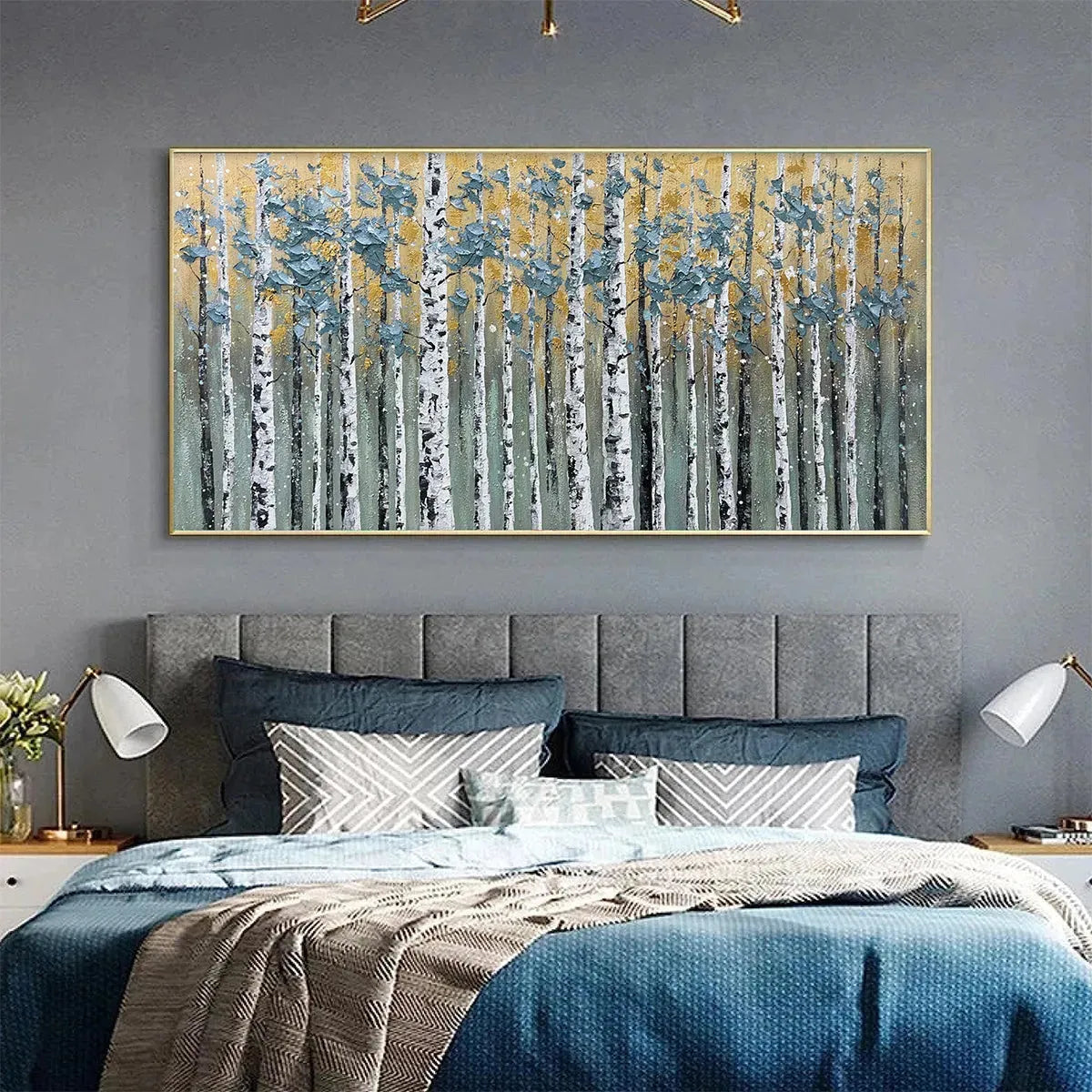 GOLDEN BIRCH GROVE: Textured Birch Tree Painting, Gold and Green Wall Art, Horizontal Canvas, Forest Decor