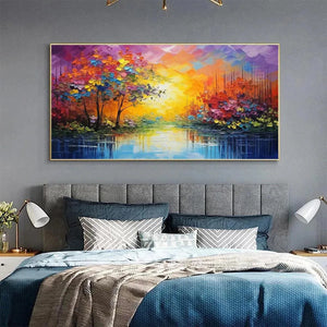 ENCHANTED RIVERVIEW impasto landscape: vibrant autumn hues & river reflections above a modern bedroom bed.