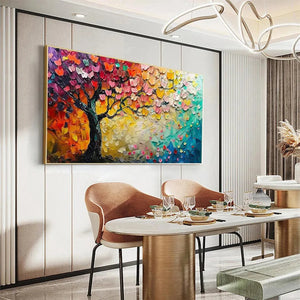 Impasto painting of a vibrant tree with textured leaves and butterflies, displayed in a room. Artwork by Liam O'Connell.