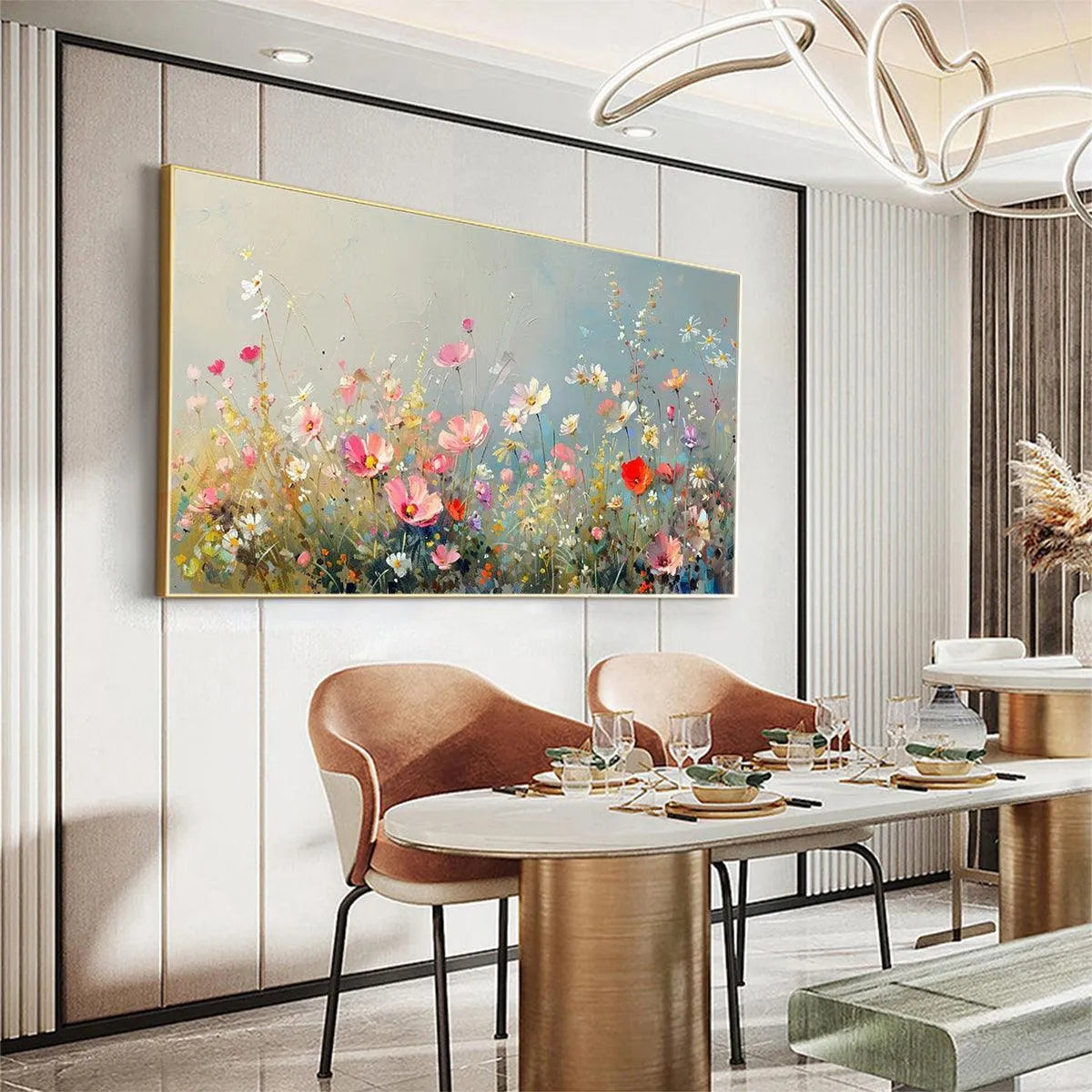 WILD MEADOW: Panoramic Floral Landscape Painting in Pink and White