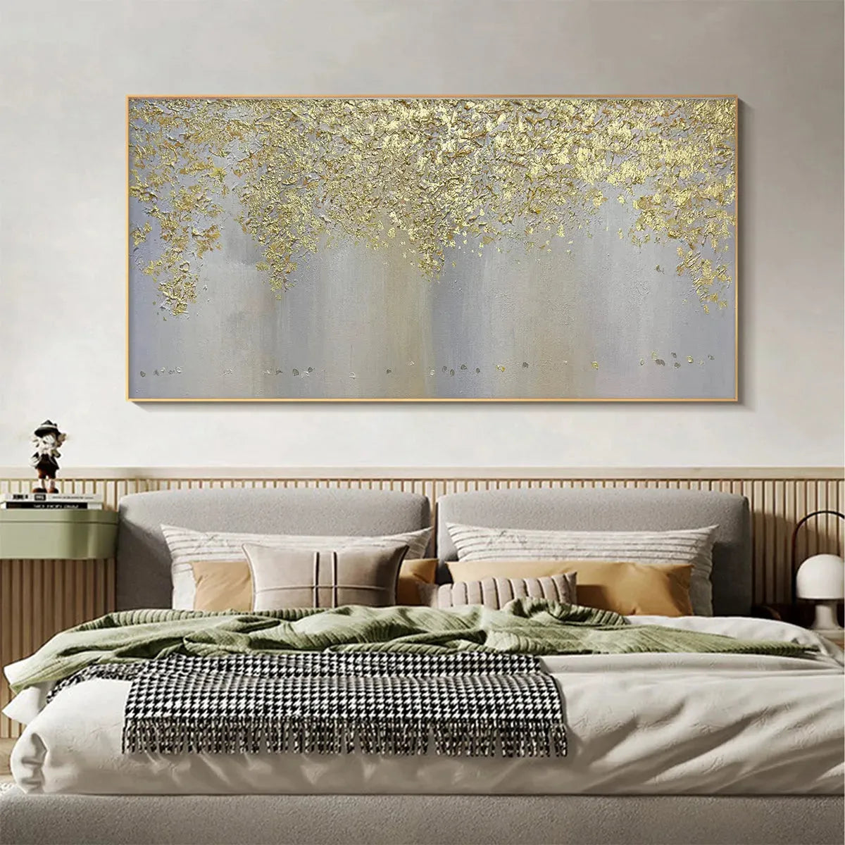 GOLDEN DRIZZLE: Gold Leaf Abstract Painting, Grey and Gold Wall Art, Horizontal Canvas, Modern Decor