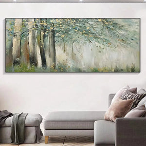Whispering Woods painting by Liam O'Connell, misty forest with green and gold accents, modern art for living room.