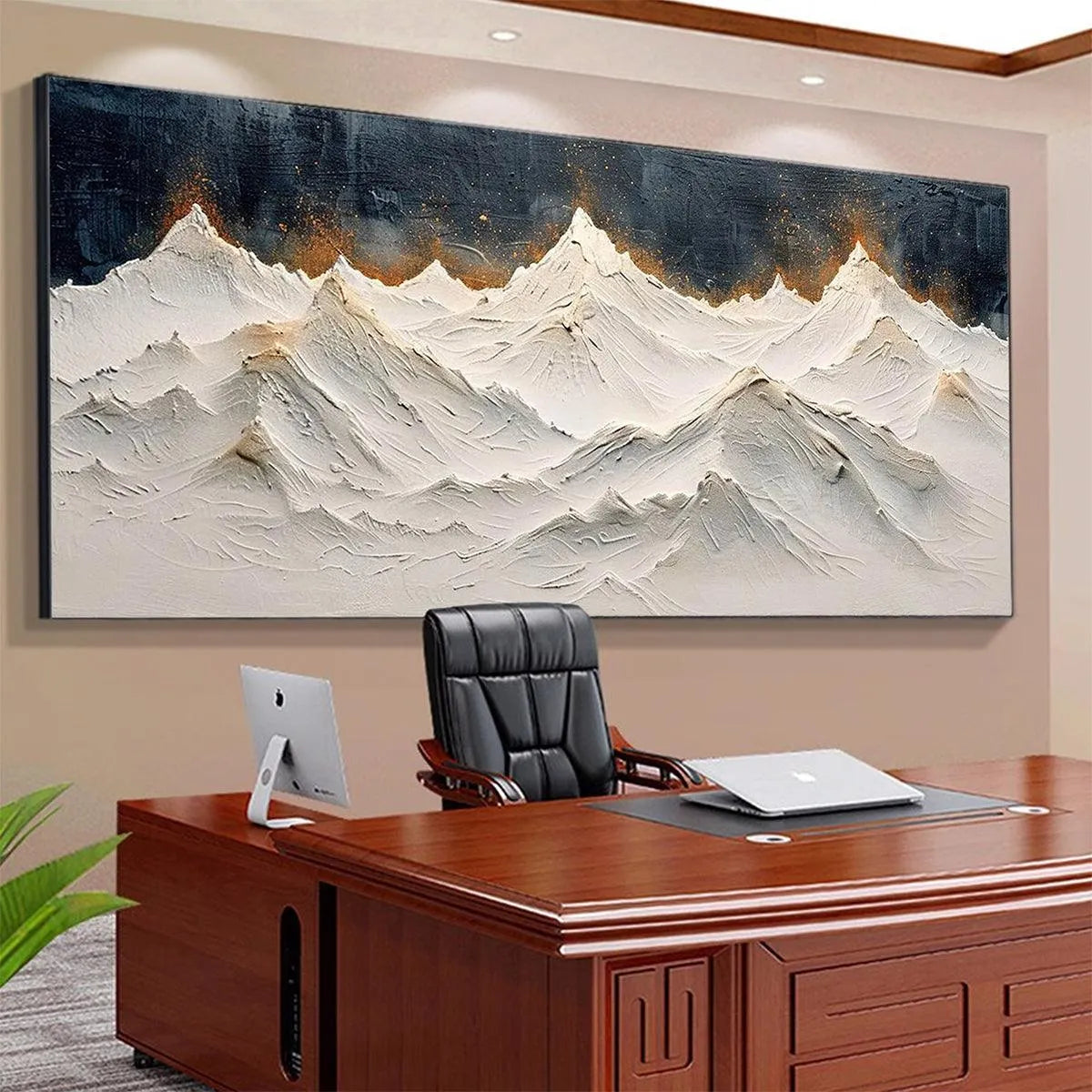 SNOWY PEAKS: Textured White and Gold Mountain Painting for Living Room