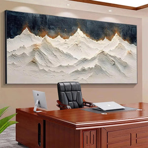 Textured white impasto mountains with gold accents on dark sky, Liam O'Connell, horizontal painting for living room decor.