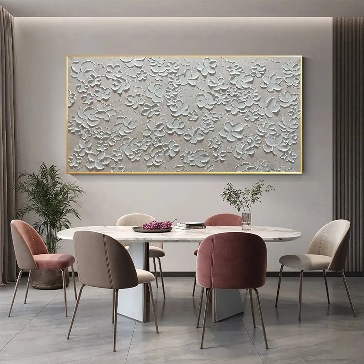 BLANC BLOOM: Textured White Floral Painting, Horizontal Canvas, Minimalist Wall Art