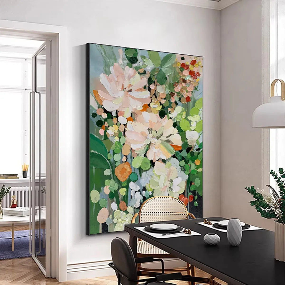 BLUSHING BLOOMS: Textured Floral Painting, Impasto Palette Knife, Vertical Canvas, Modern Floral Wall Art