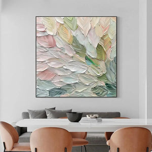 Square impasto painting 'Pastel Dream' by Elodie Dubois with thick pastel pink, green, and cream brushstrokes.