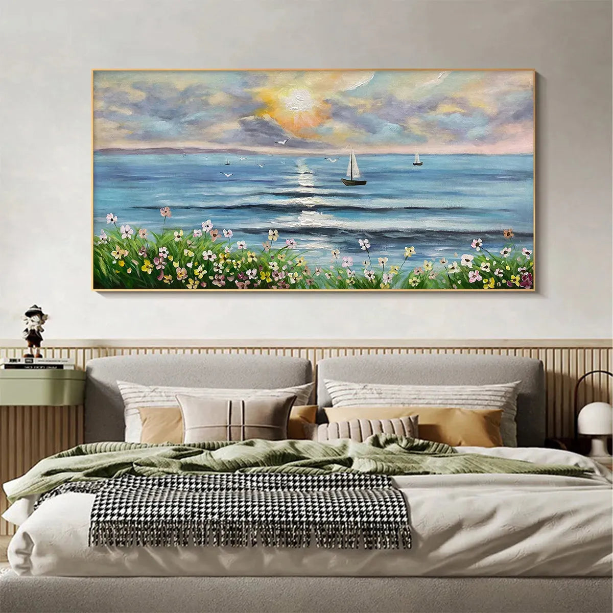 SUNSET SAIL: Coastal Sunset Painting, Sailboat and Wildflowers, Horizontal Canvas, Ocean Decor