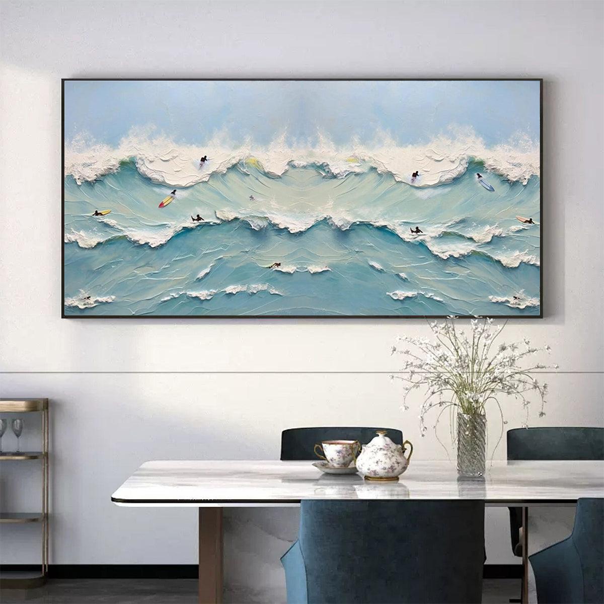 OCEAN'S HEARTBEAT: Panoramic Ocean Wave Painting with Surfers for Living Room