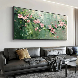 Elodie Dubois 'Spring Blossom' painting: textured pink floral art on green background, framed wall art for living room.