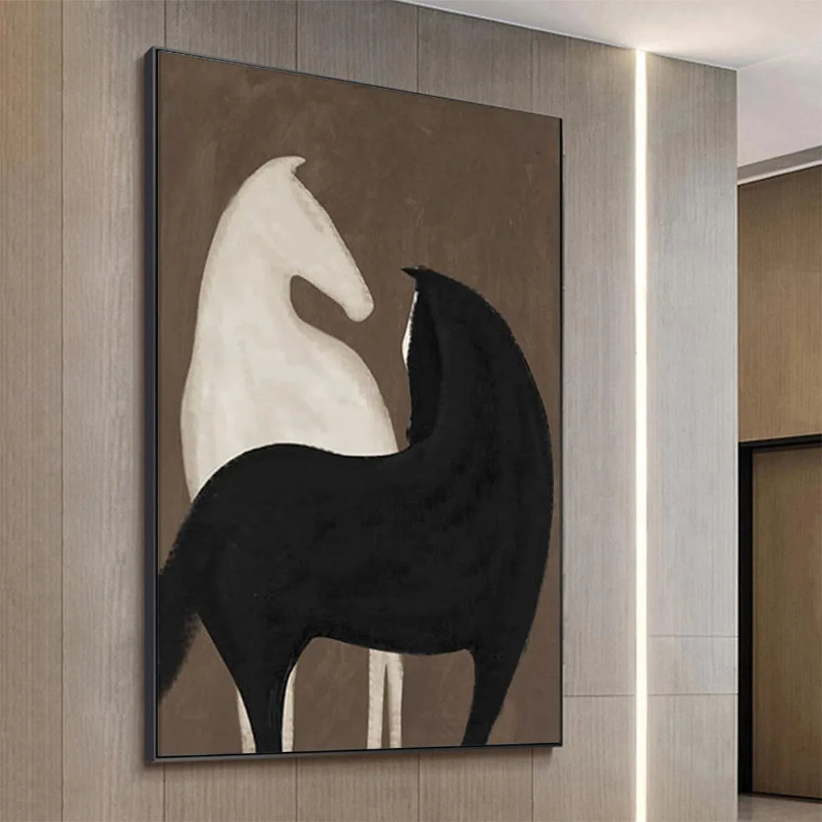 TWO HORSES ON BROWN: Minimalist Horse Painting, Vertical Wall Art