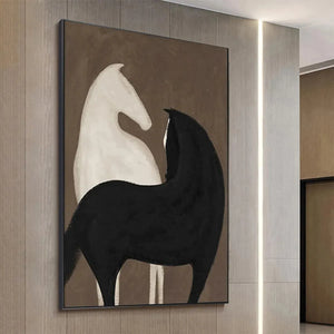 Javier Ramirez 'Two Horses on Brown' minimalist art. Black and white horse painting on brown, vertical wall art, framed.