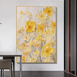 Vibrant golden yellow impasto sunflowers painting with 3D texture in gold frame, showcased in a modern room setting.