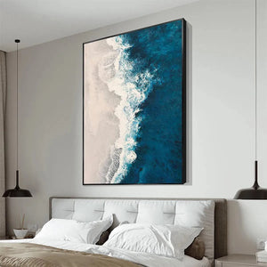 AZURE COAST abstract painting: crashing blue waves on beige shore, black frame, bedroom lifestyle art.
