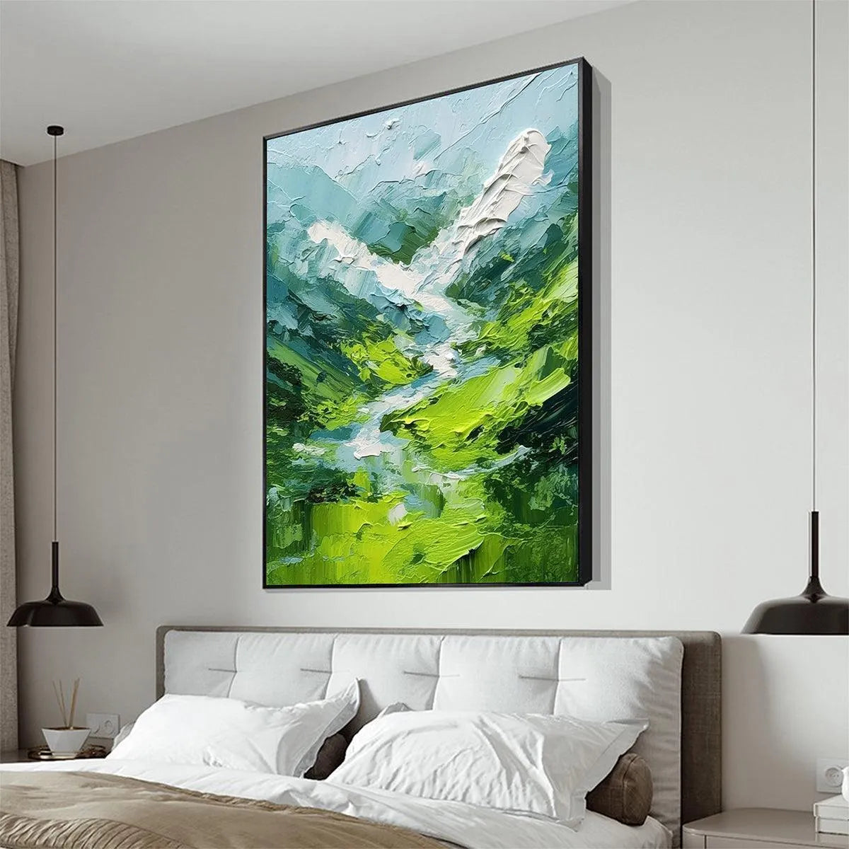 EMERALD VALLEY: Textured Green Abstract Mountain Landscape Painting